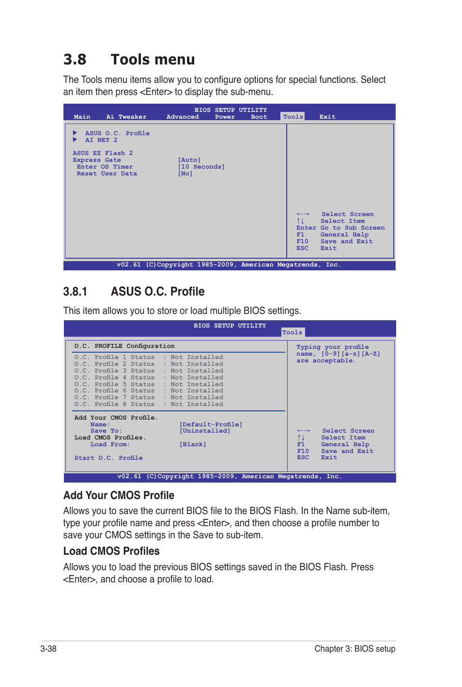 8 tools menu, 1 asus o.c. profile, Add your cmos profile | Load cmos profiles | Asus P7P55 WS SUPERCOMPUTER User Manual | Page 102 / 156