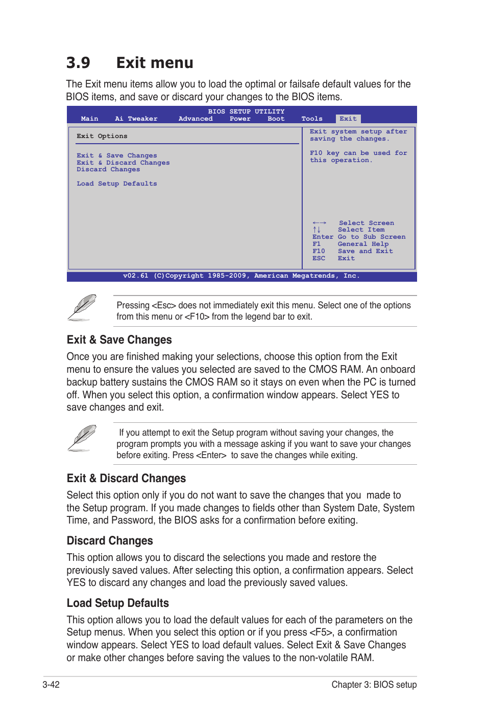 9 exit menu, Exit & save changes, Exit & discard changes | Discard changes, Load setup defaults | Asus P7P55 WS SUPERCOMPUTER User Manual | Page 106 / 156