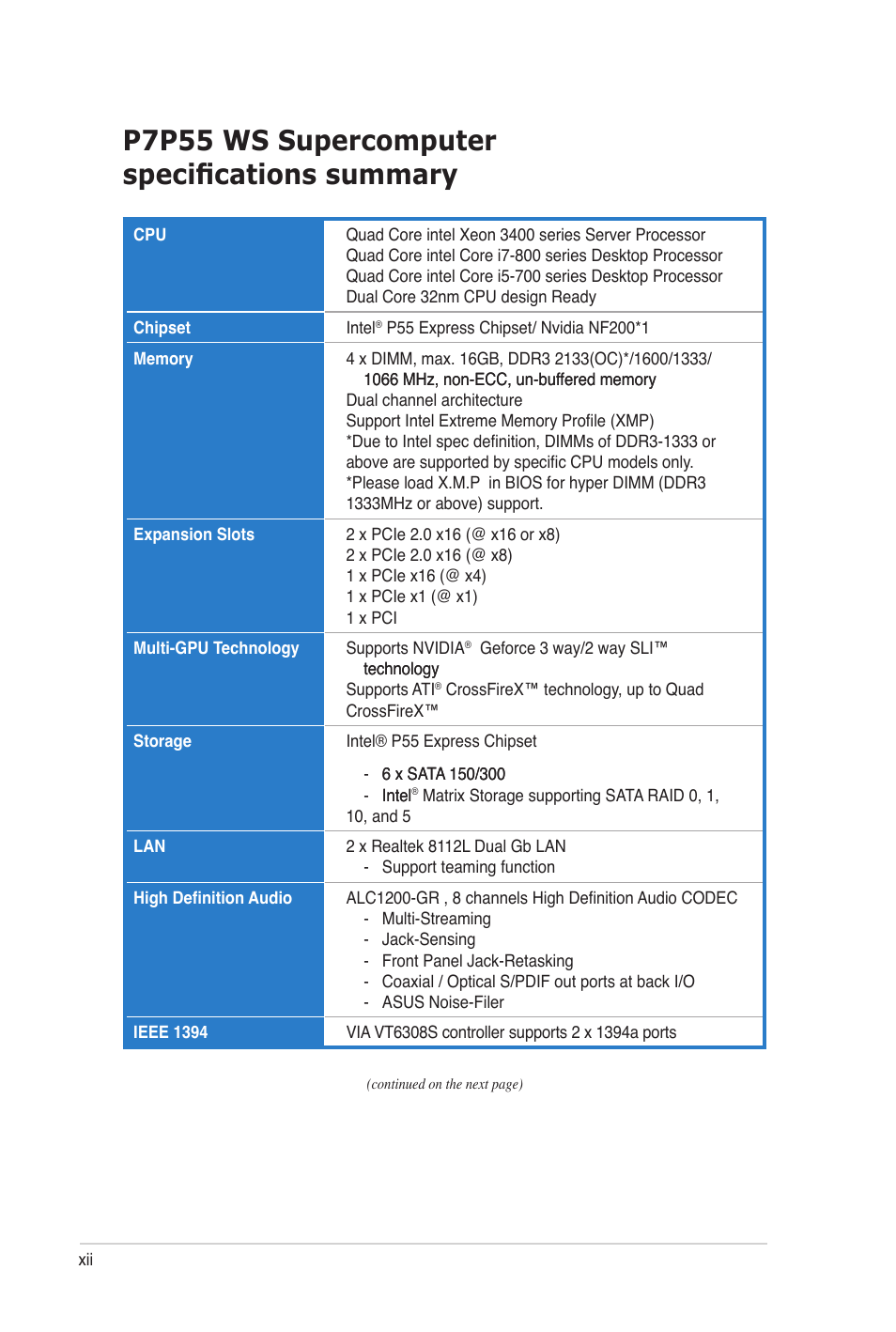 P7p55 ws supercomputerspecifications summary, P7p55 ws supercomputer specifications summary | Asus P7P55 WS SUPERCOMPUTER User Manual | Page 12 / 156