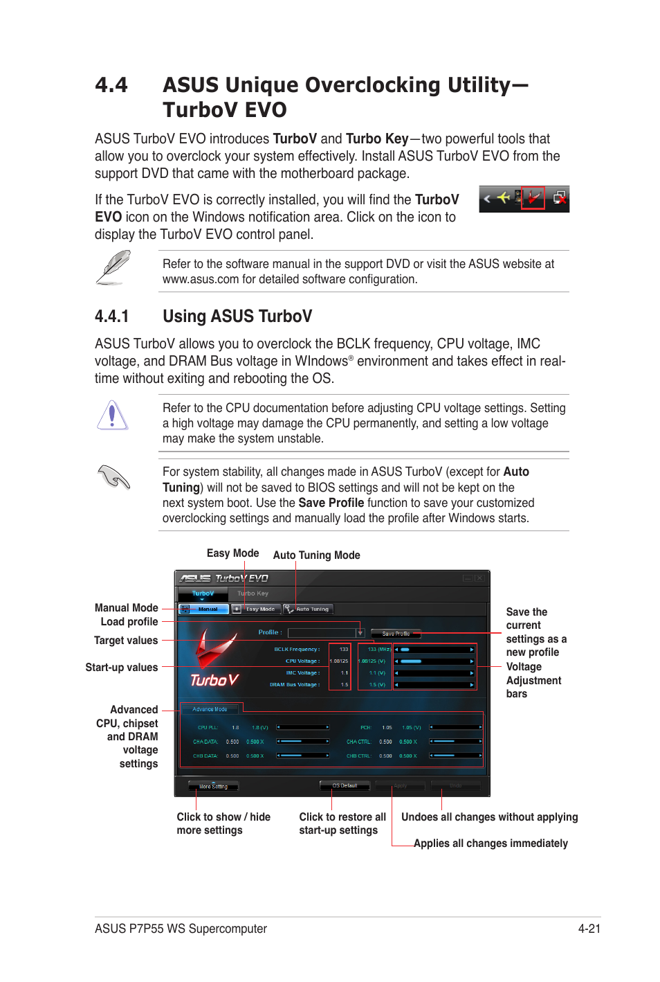 4 asus unique overclocking utility— turbov evo, 1 using asus turbov | Asus P7P55 WS SUPERCOMPUTER User Manual | Page 129 / 156
