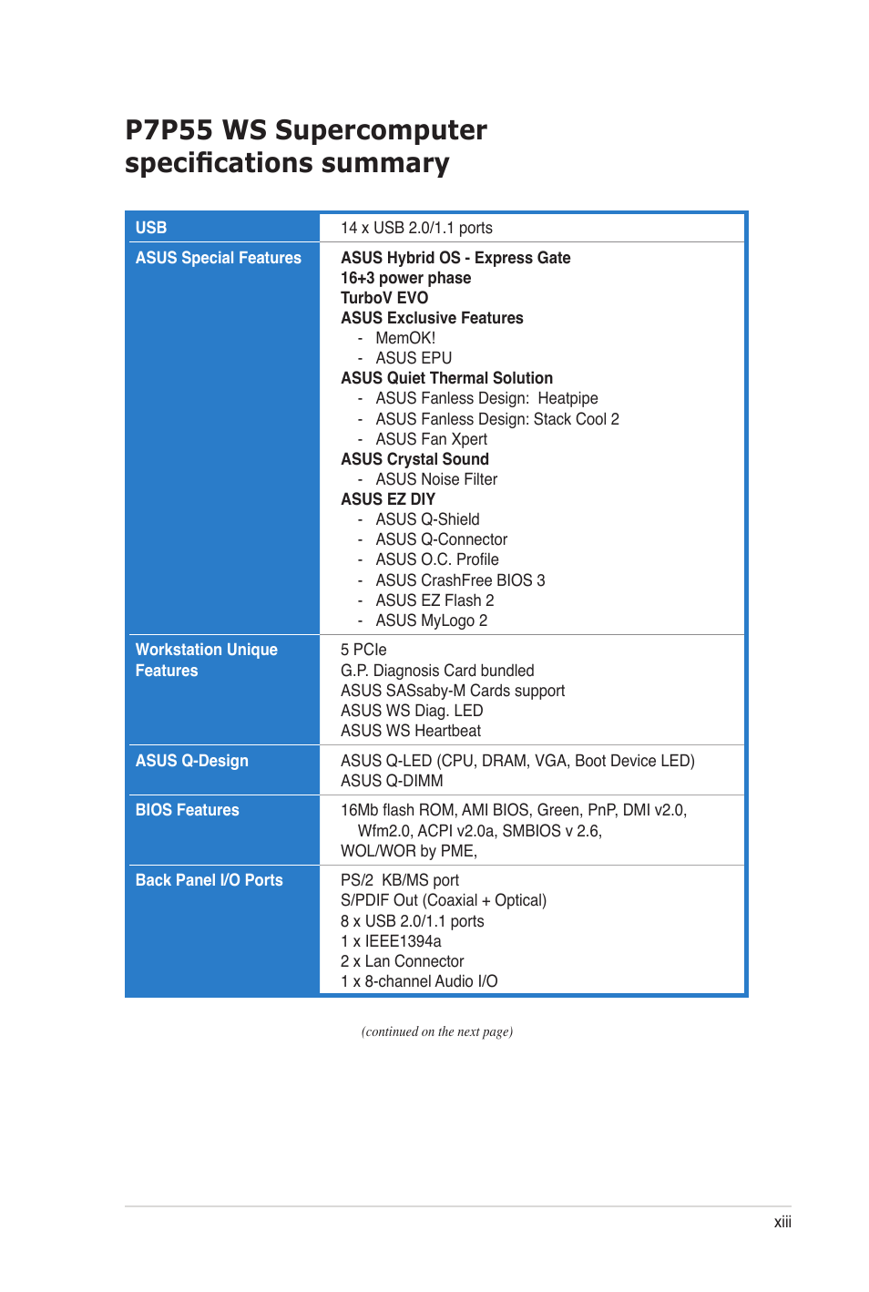 P7p55 ws supercomputer specifications summary | Asus P7P55 WS SUPERCOMPUTER User Manual | Page 13 / 156