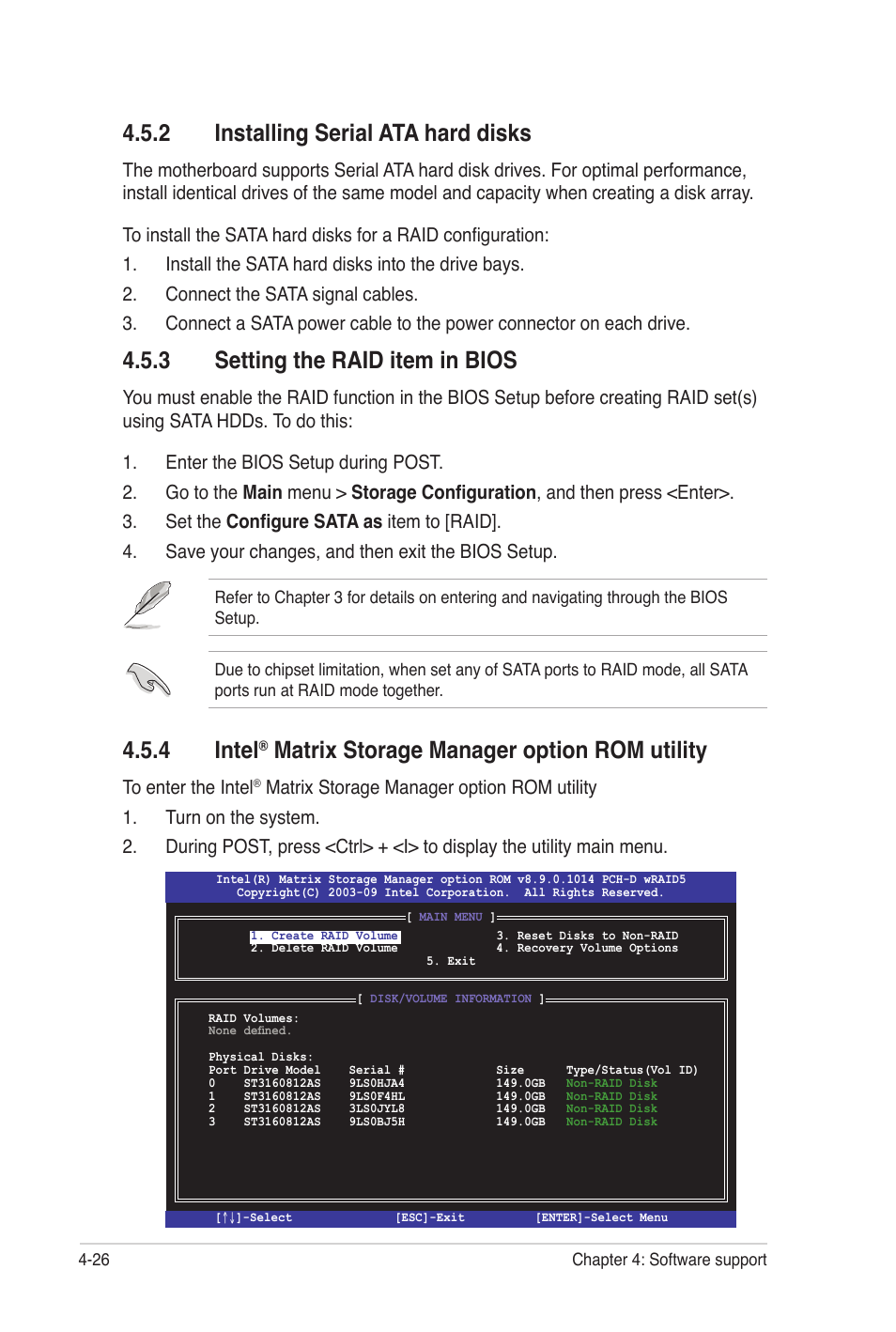 4 intel, Matrix storage manager option rom utility, 3 setting the raid item in bios | 2 installing serial ata hard disks | Asus P7P55 WS SUPERCOMPUTER User Manual | Page 134 / 156