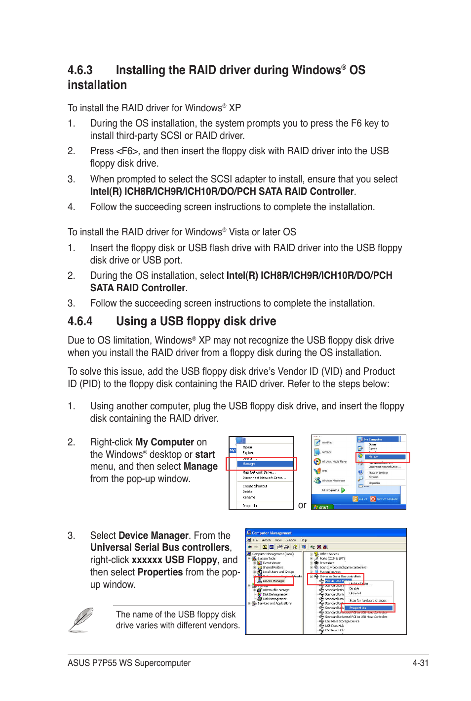 3 installing the raid driver during windows, Os installation, 4 using a usb floppy disk drive | Asus P7P55 WS SUPERCOMPUTER User Manual | Page 139 / 156