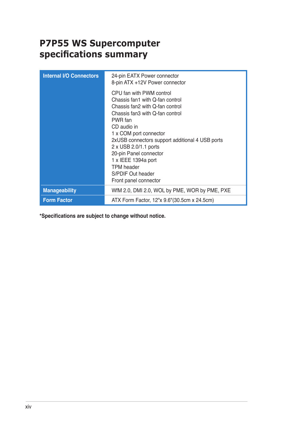 P7p55 ws supercomputer specifications summary | Asus P7P55 WS SUPERCOMPUTER User Manual | Page 14 / 156