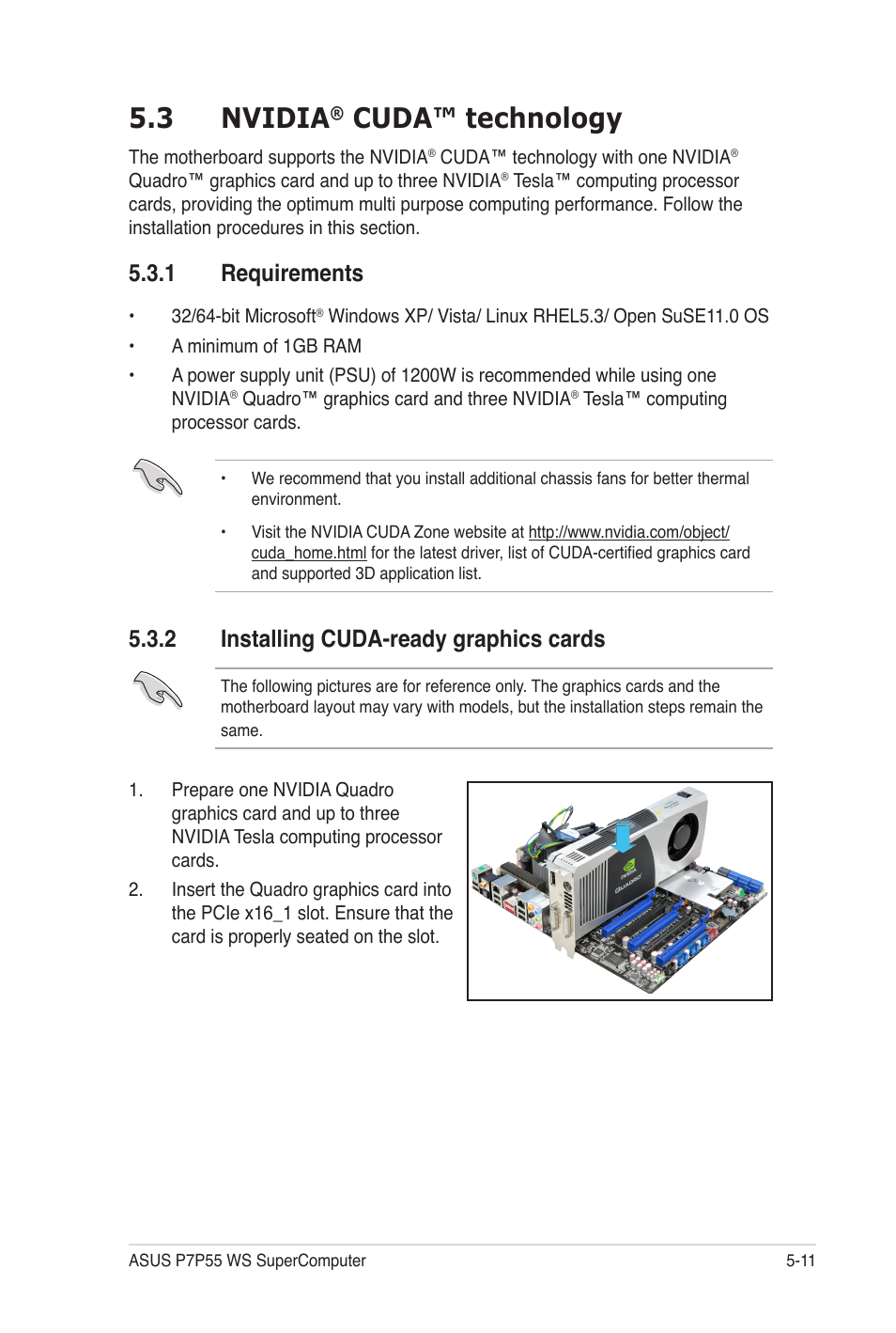 3 nvidia, Cuda™ technology, 1 requirements | 2 installing cuda-ready graphics cards | Asus P7P55 WS SUPERCOMPUTER User Manual | Page 155 / 156