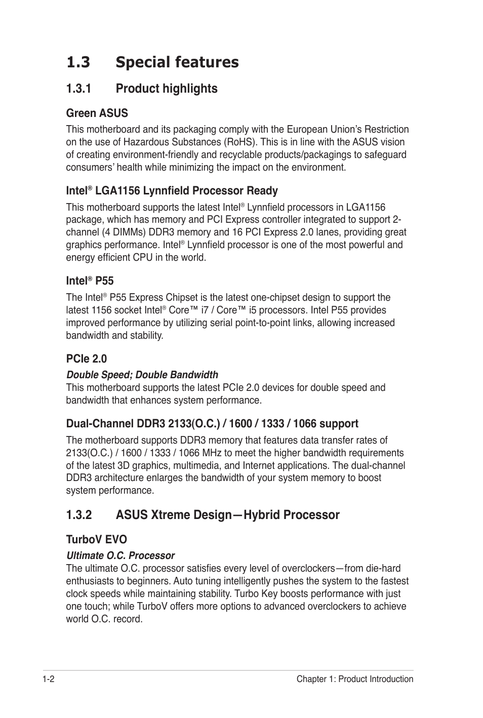3 special features, 1 product highlights, 2 asus xtreme design—hybrid processor | Asus P7P55 WS SUPERCOMPUTER User Manual | Page 18 / 156