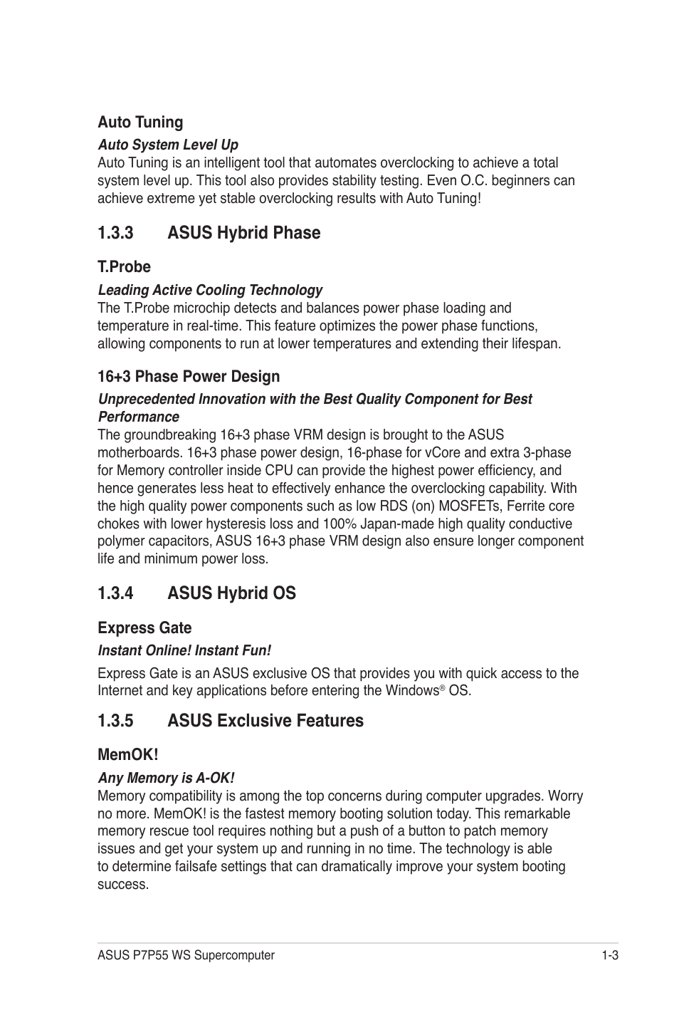 3 asus hybrid phase, 4 asus hybrid os, 5 asus exclusive features | Asus P7P55 WS SUPERCOMPUTER User Manual | Page 19 / 156