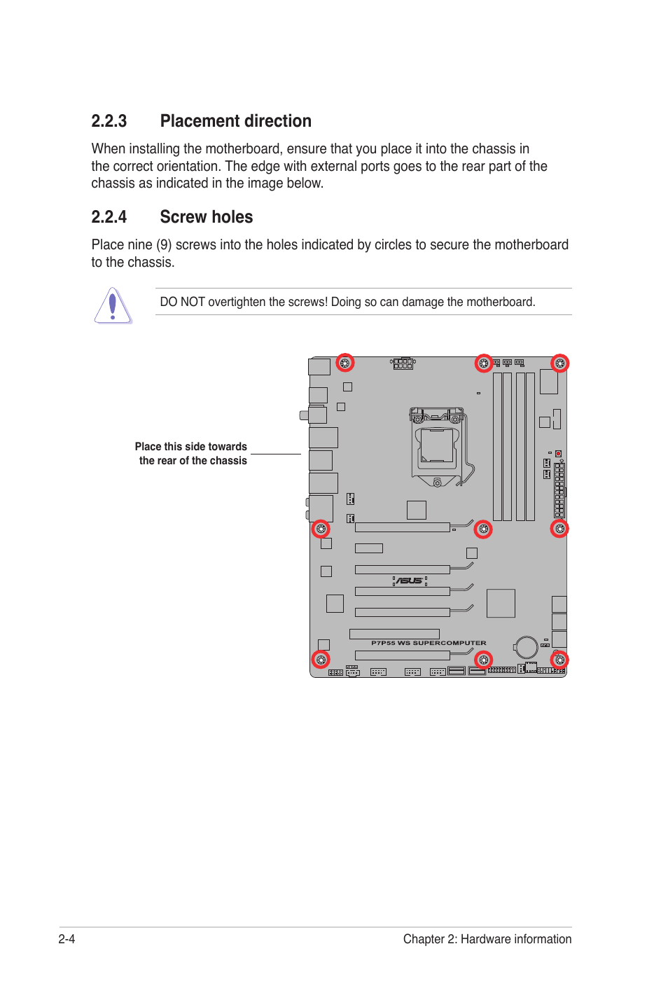 3 placement direction, 4 screw holes | Asus P7P55 WS SUPERCOMPUTER User Manual | Page 28 / 156