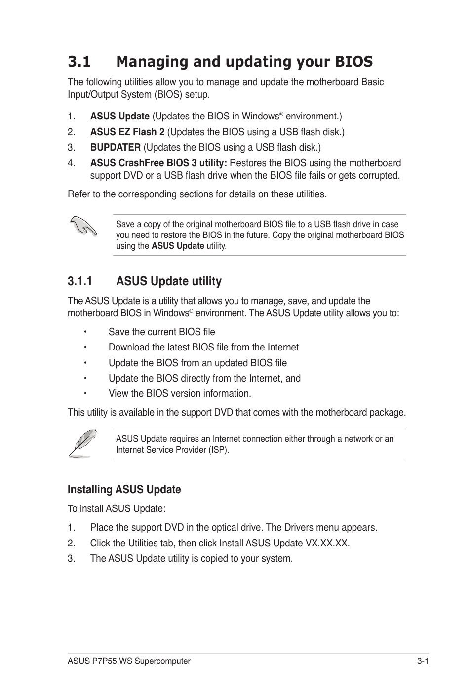 1 managing and updating your bios, 1 asus update utility | Asus P7P55 WS SUPERCOMPUTER User Manual | Page 65 / 156