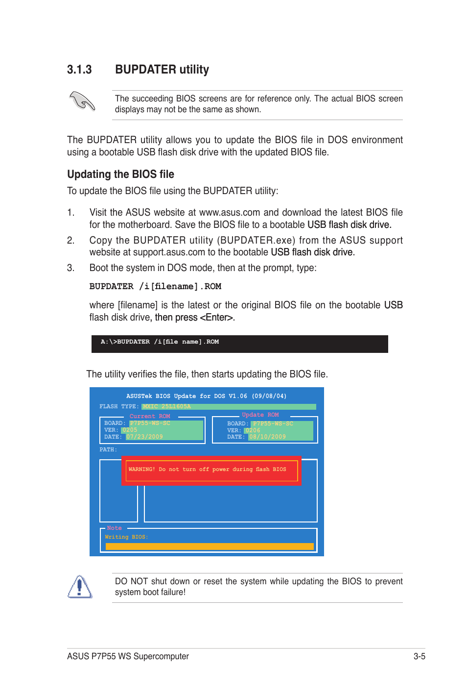 3 bupdater utility, Updating the bios file | Asus P7P55 WS SUPERCOMPUTER User Manual | Page 69 / 156