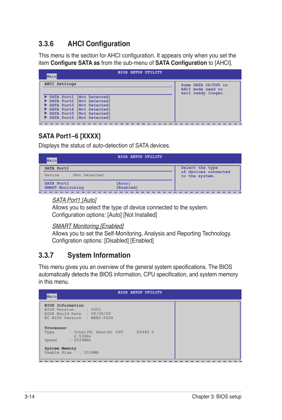 6 ahci configuration, 7 system information, Sata port1 [auto | Smart monitoring [enabled | Asus P7P55 WS SUPERCOMPUTER User Manual | Page 78 / 156