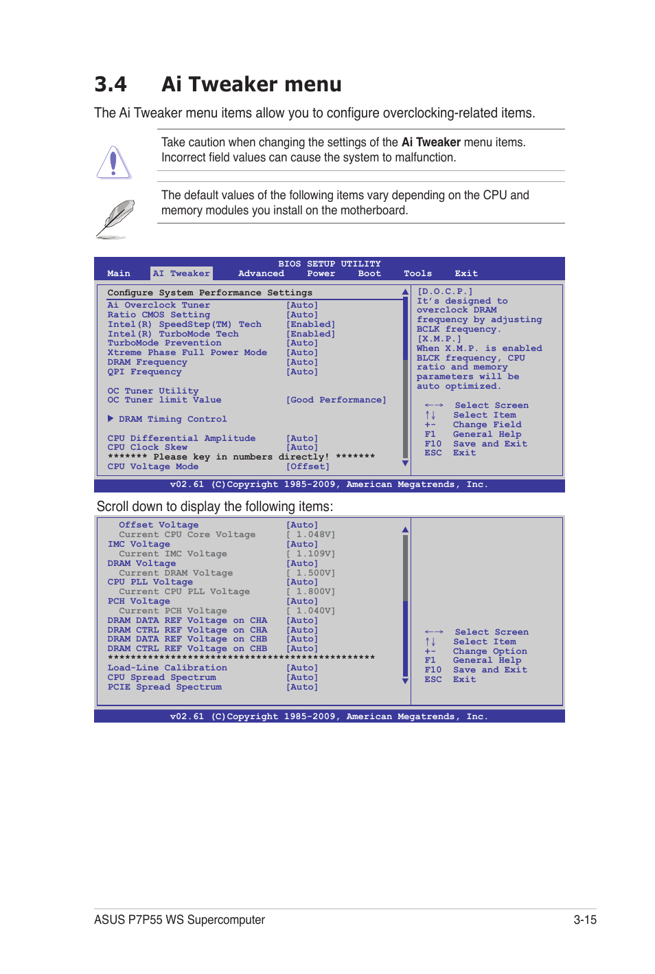 4 ai tweaker menu, Scroll down to display the following items | Asus P7P55 WS SUPERCOMPUTER User Manual | Page 79 / 156