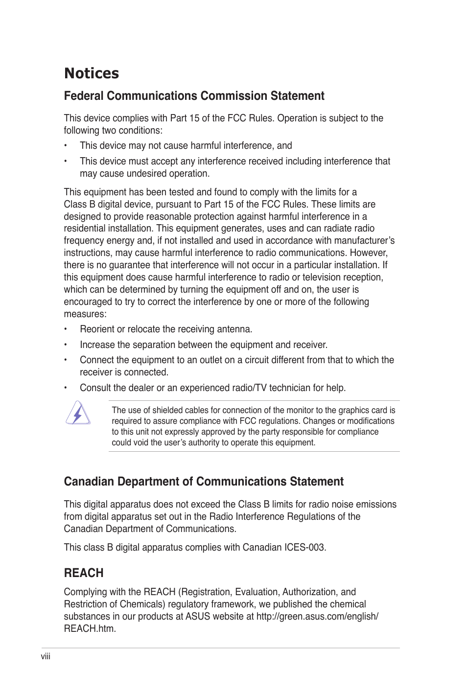 Notices, Federal communications commission statement, Canadian department of communications statement | Reach | Asus P7P55 WS SUPERCOMPUTER User Manual | Page 8 / 156