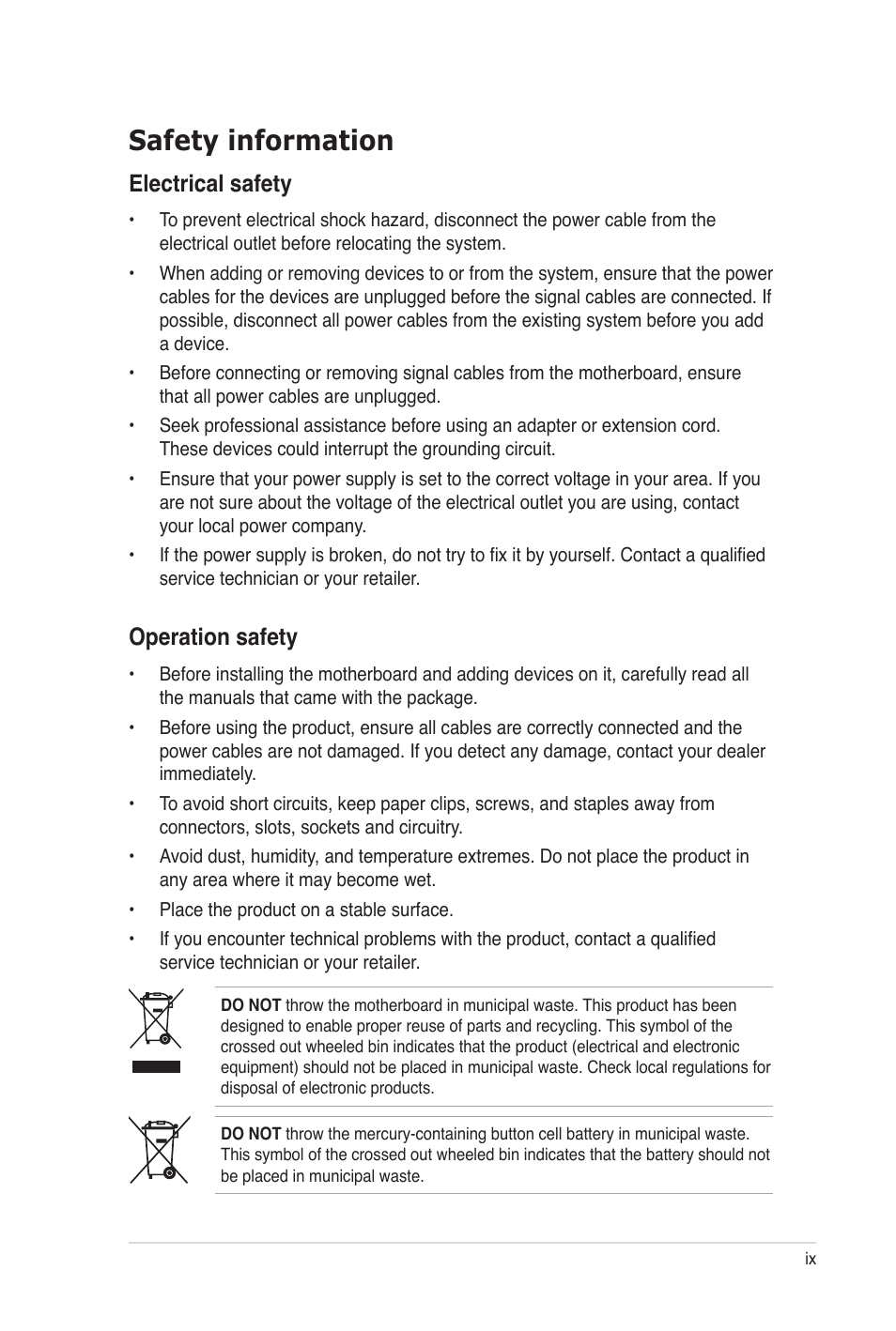 Safety information, Electrical safety, Operation safety | Asus P7P55 WS SUPERCOMPUTER User Manual | Page 9 / 156