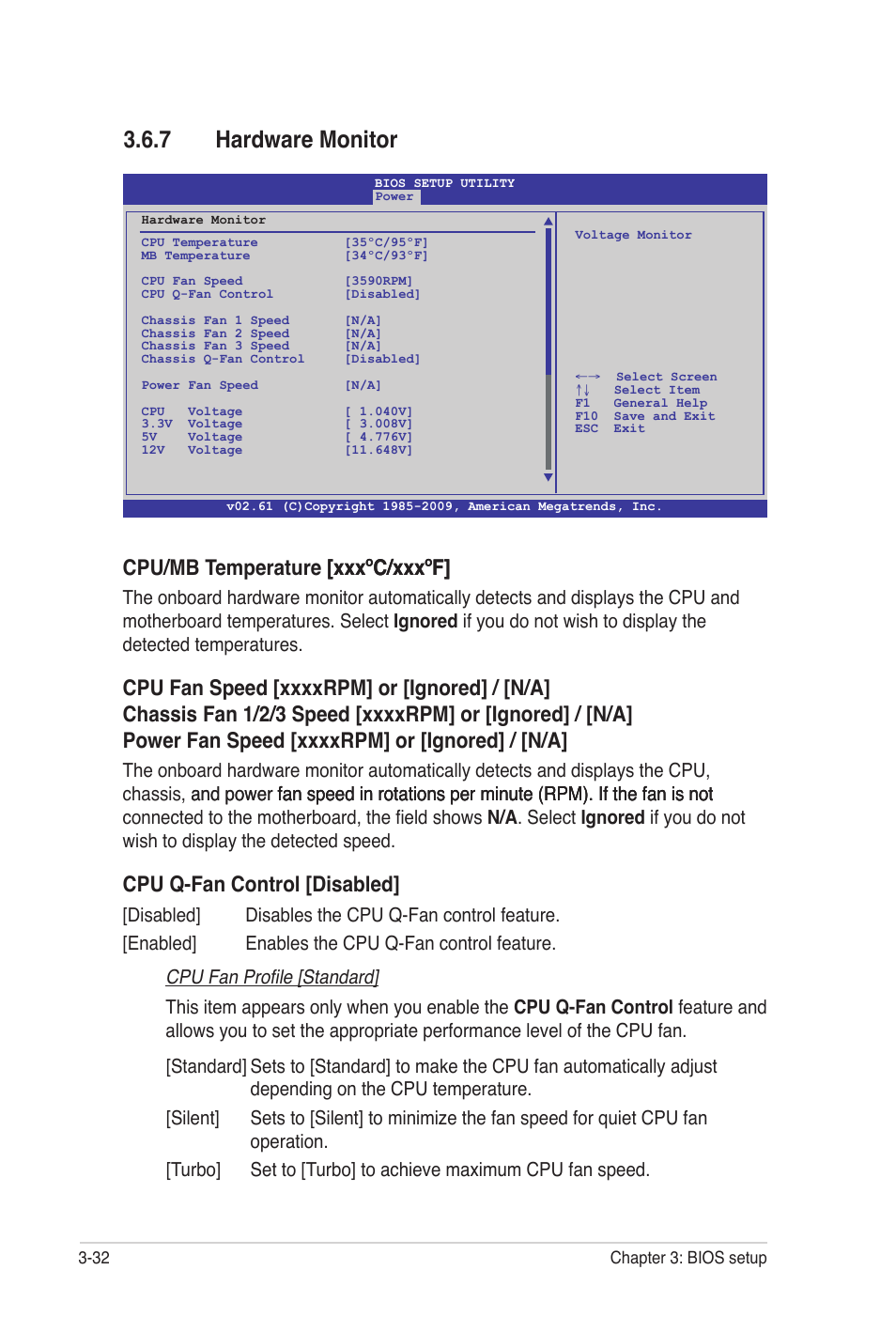 7 hardware monitor, Cpu/mb temperature [xxx�c/xxx�f] [xxx�c/xxx�f, Cpu q-fan control [disabled | Cpu fan profile [standard | Asus P7P55 WS SUPERCOMPUTER User Manual | Page 96 / 156