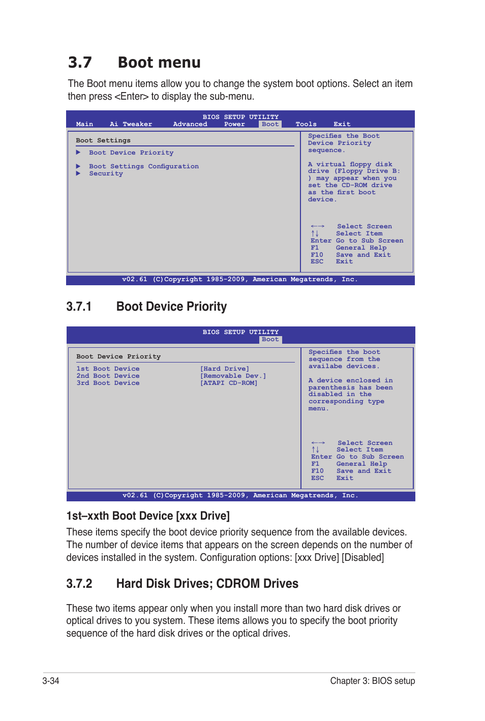 7 boot menu, 1 boot device priority, 2 hard disk drives; cdrom drives | 1st–xxth boot device [xxx drive | Asus P7P55 WS SUPERCOMPUTER User Manual | Page 98 / 156