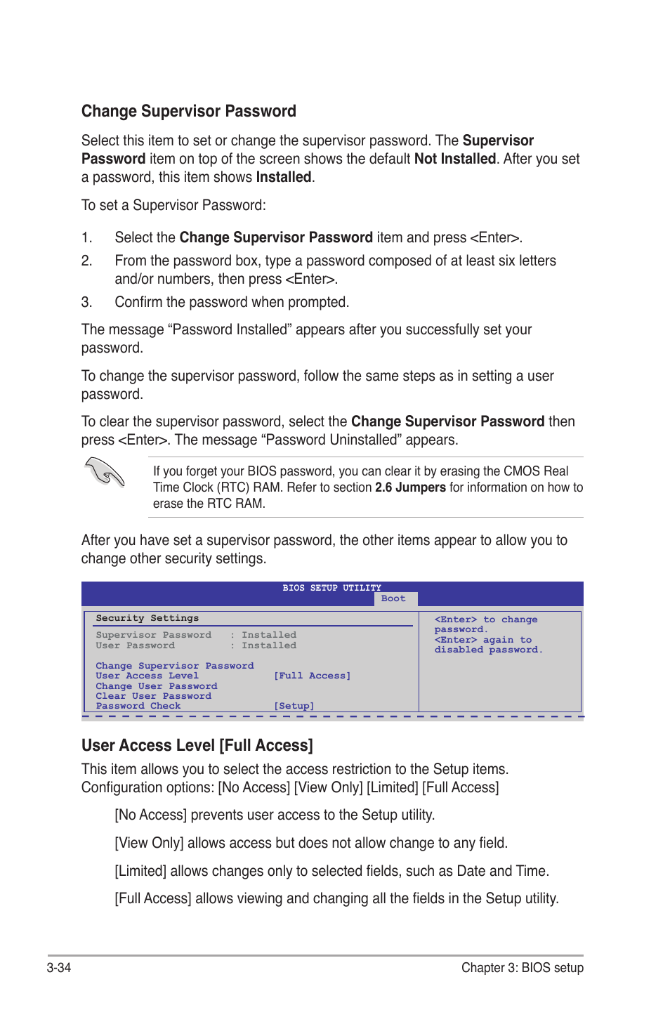 Change supervisor password, User access level [full access | Asus P6T7 WS SuperComputer User Manual | Page 100 / 184