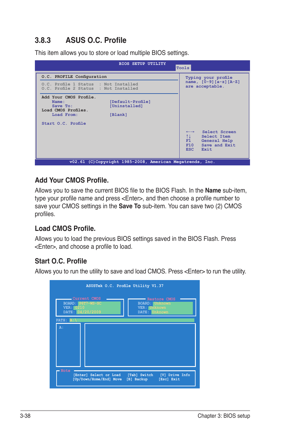 3 asus o.c. profile, Asus o.c. profile -38, Add your cmos profile | Load cmos profile, Start o.c. profile | Asus P6T7 WS SuperComputer User Manual | Page 104 / 184