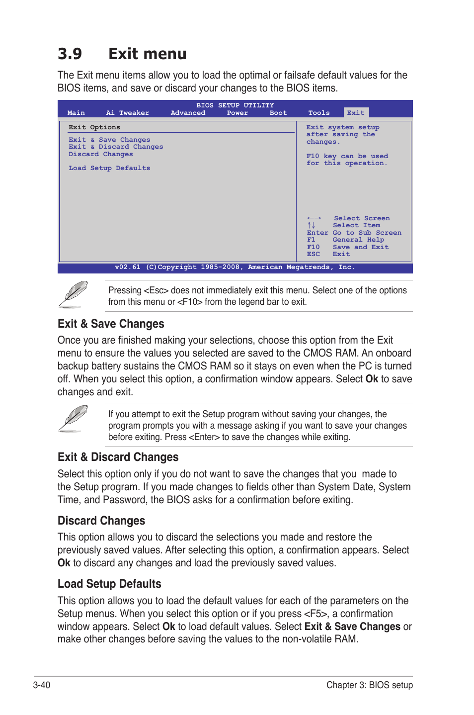 9 exit menu, Exit menu -40, Exit & save changes | Exit & discard changes, Discard changes, Load setup defaults | Asus P6T7 WS SuperComputer User Manual | Page 106 / 184