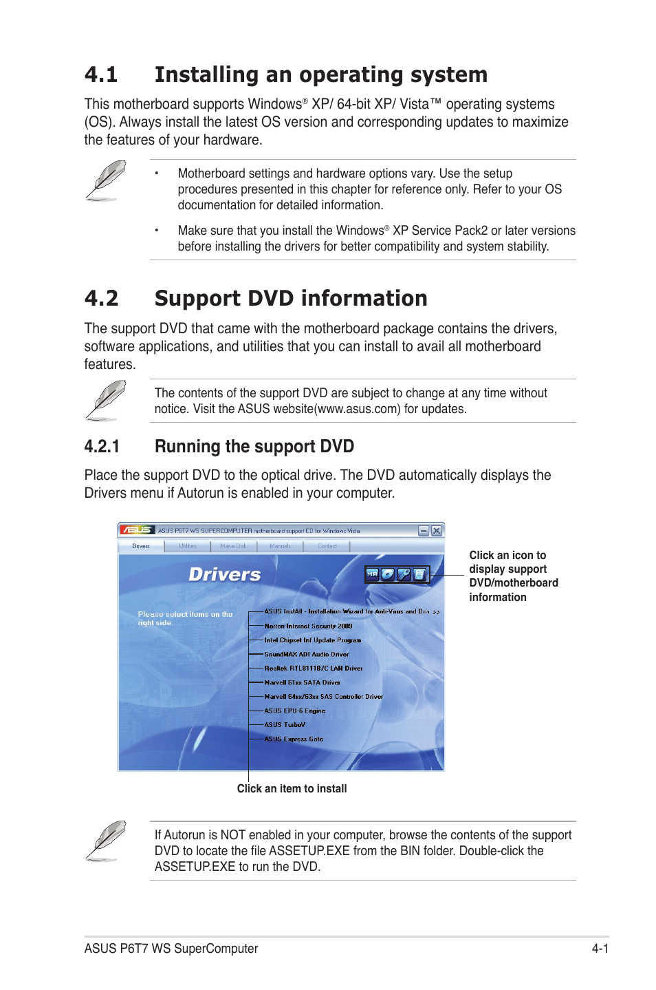 1 installing an operating system, 2 support dvd information, 1 running the support dvd | Installing an operating system -1, Support dvd information -1 4.2.1, Running the support dvd -1 | Asus P6T7 WS SuperComputer User Manual | Page 109 / 184