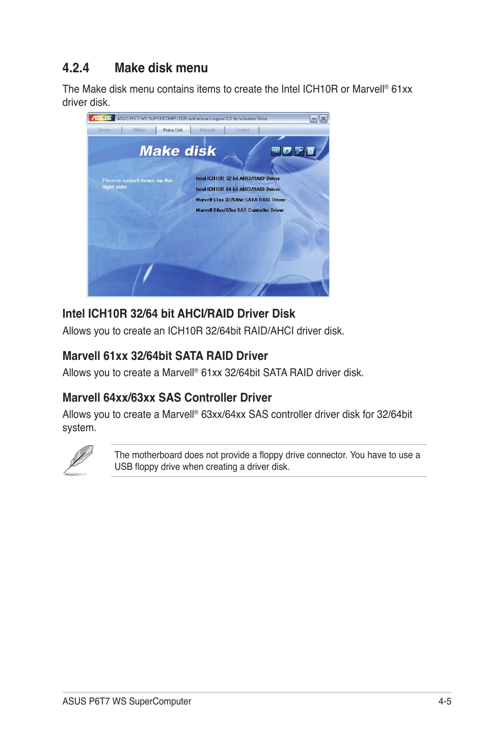 4 make disk menu, Make disk menu -5, Marvell 64xx/63xx sas controller driver | Asus P6T7 WS SuperComputer User Manual | Page 113 / 184