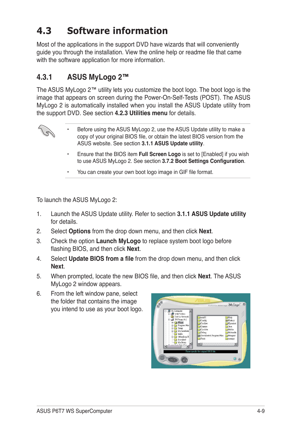 3 software information, 1 asus mylogo 2, Software information -9 4.3.1 | Asus mylogo 2™ -9 | Asus P6T7 WS SuperComputer User Manual | Page 117 / 184