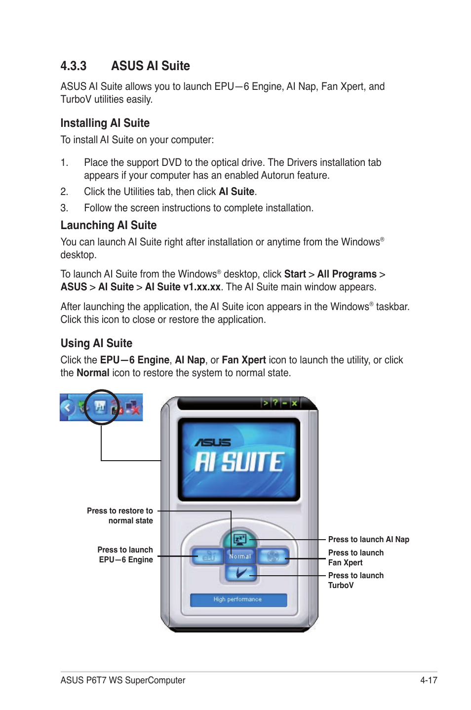 3 asus ai suite, 3 asus ai suite -17, Installing ai suite | Launching ai suite, Using ai suite | Asus P6T7 WS SuperComputer User Manual | Page 125 / 184