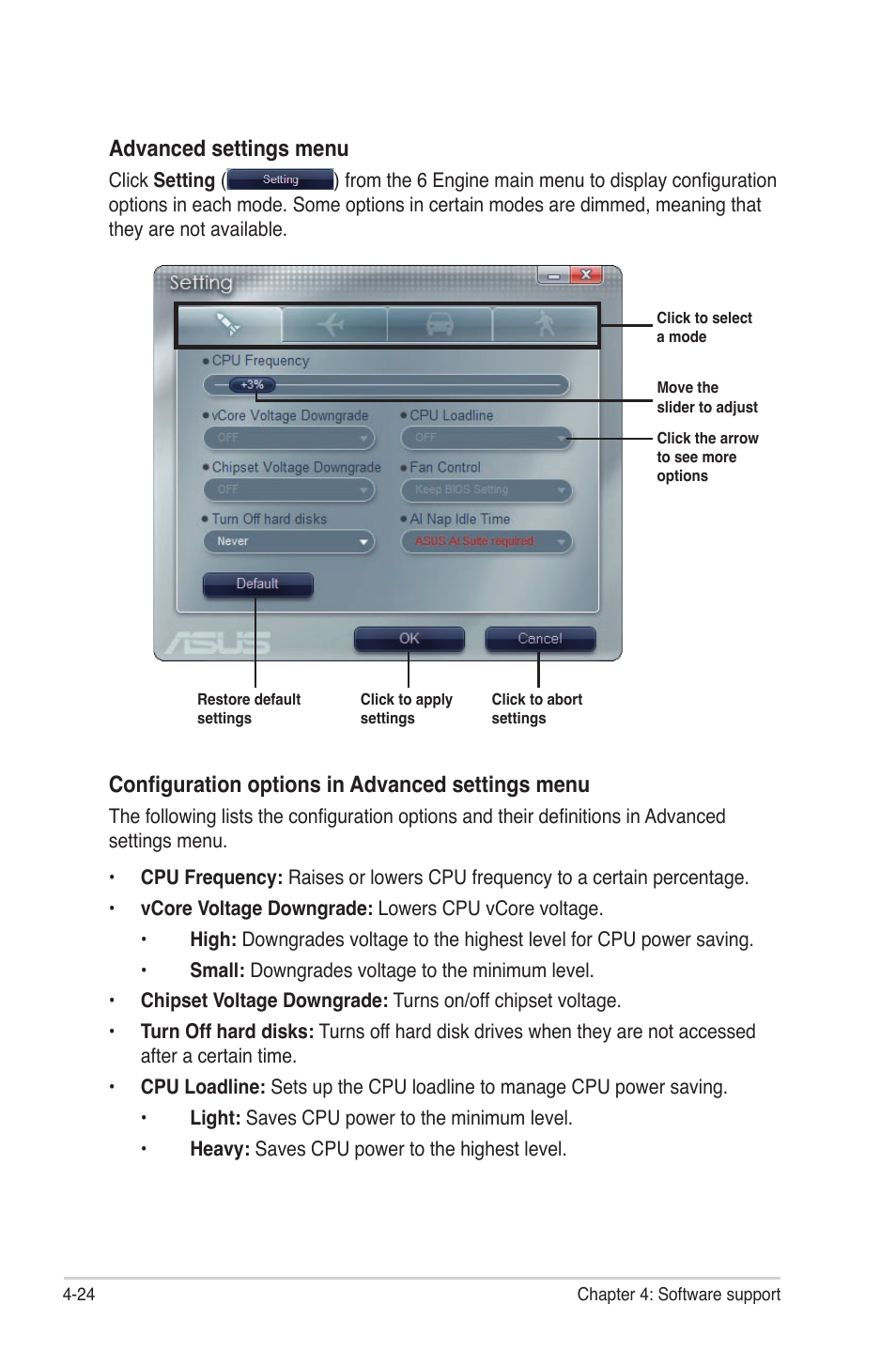 Configuration options in advanced settings menu, Advanced settings menu | Asus P6T7 WS SuperComputer User Manual | Page 132 / 184
