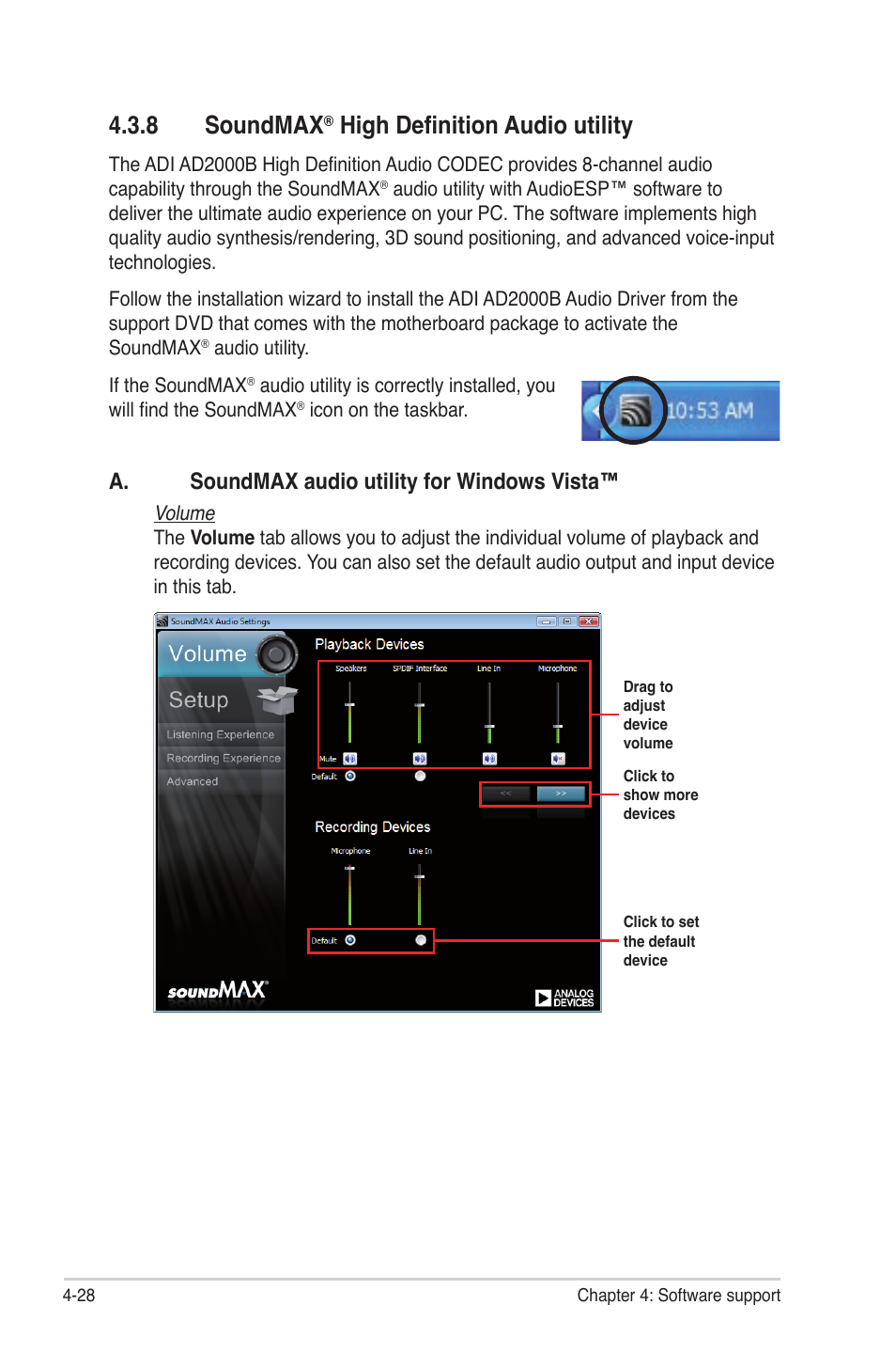 8 soundmax® high definition audio utility, Soundmax, High definition audio utility -28 | 8 soundmax, High definition audio utility, A. soundmax audio utility for windows vista | Asus P6T7 WS SuperComputer User Manual | Page 136 / 184