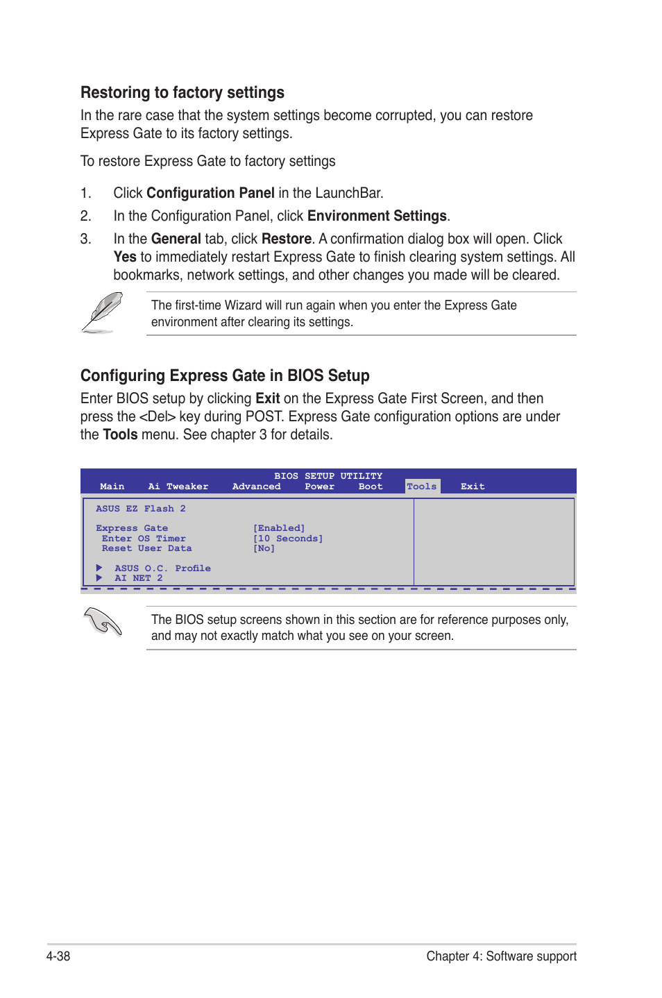 Restoring to factory settings, Configuring express gate in bios setup | Asus P6T7 WS SuperComputer User Manual | Page 146 / 184