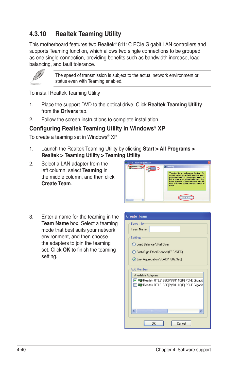 10 realtek teaming utility, 10 realtek teaming utility -40, Configuring realtek teaming utility in windows | Asus P6T7 WS SuperComputer User Manual | Page 148 / 184