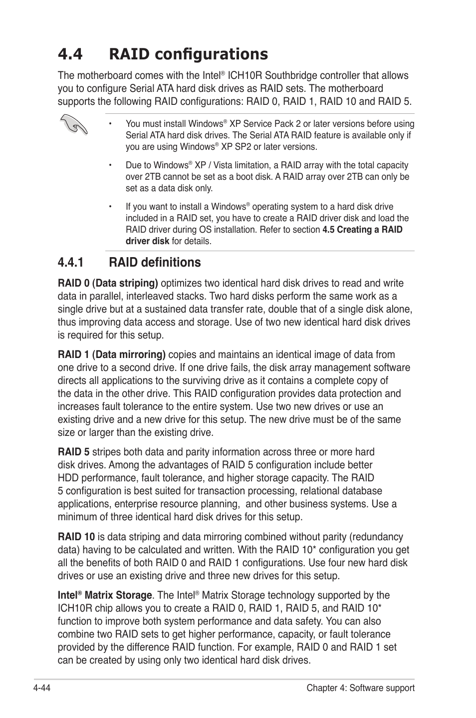 4 raid configurations, 1 raid definitions, Raid configurations -44 4.4.1 | Raid definitions -44 | Asus P6T7 WS SuperComputer User Manual | Page 152 / 184