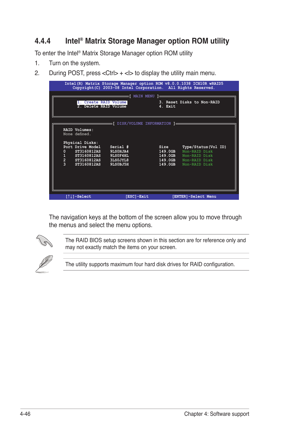 4 intel® matrix storage manager option rom utility, Intel, Matrix storage manager option rom utility -46 | 4 intel, Matrix storage manager option rom utility | Asus P6T7 WS SuperComputer User Manual | Page 154 / 184