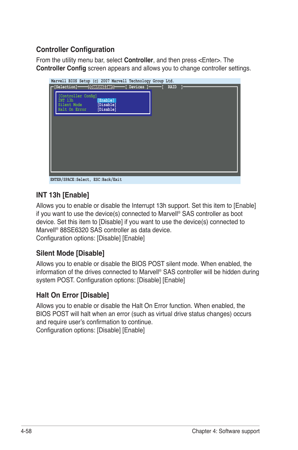 Controller configuration, Int 13h [enable, Silent mode [disable | Halt on error [disable | Asus P6T7 WS SuperComputer User Manual | Page 166 / 184