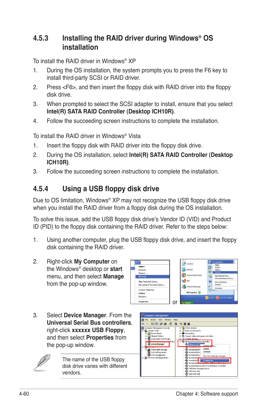 4 using a usb floppy disk drive, Installing the raid driver during, Windows | Os installation -60, Using a usb floppy disk drive -60, 3 installing the raid driver during windows, Os installation | Asus P6T7 WS SuperComputer User Manual | Page 168 / 184