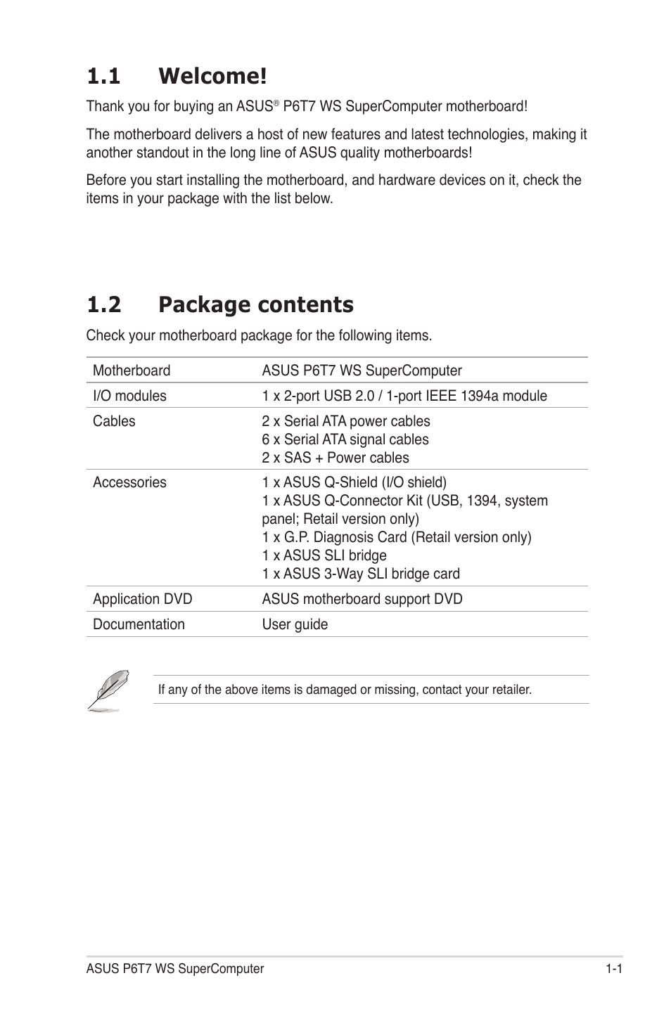 1 welcome, 2 package contents, Welcome! -1 | Package contents -1 | Asus P6T7 WS SuperComputer User Manual | Page 17 / 184