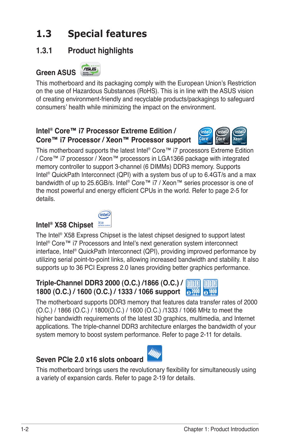 3 special features, 1 product highlights, Special features -2 1.3.1 | Product highlights -2 | Asus P6T7 WS SuperComputer User Manual | Page 18 / 184