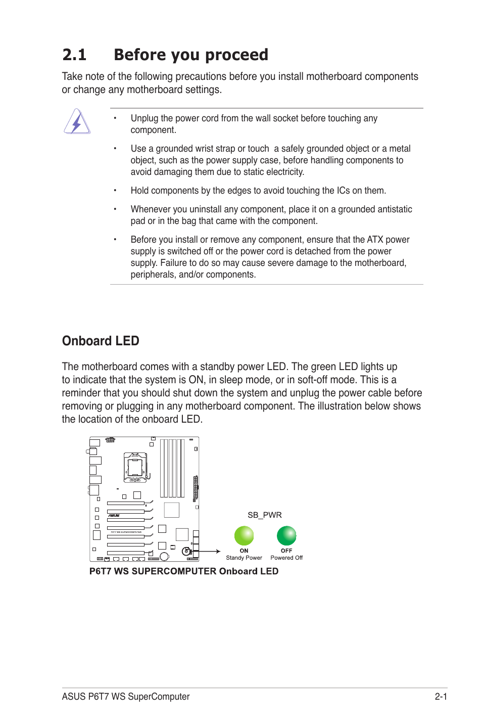 1 before you proceed, Before you proceed -1, Onboard led | Asus P6T7 WS SuperComputer User Manual | Page 27 / 184