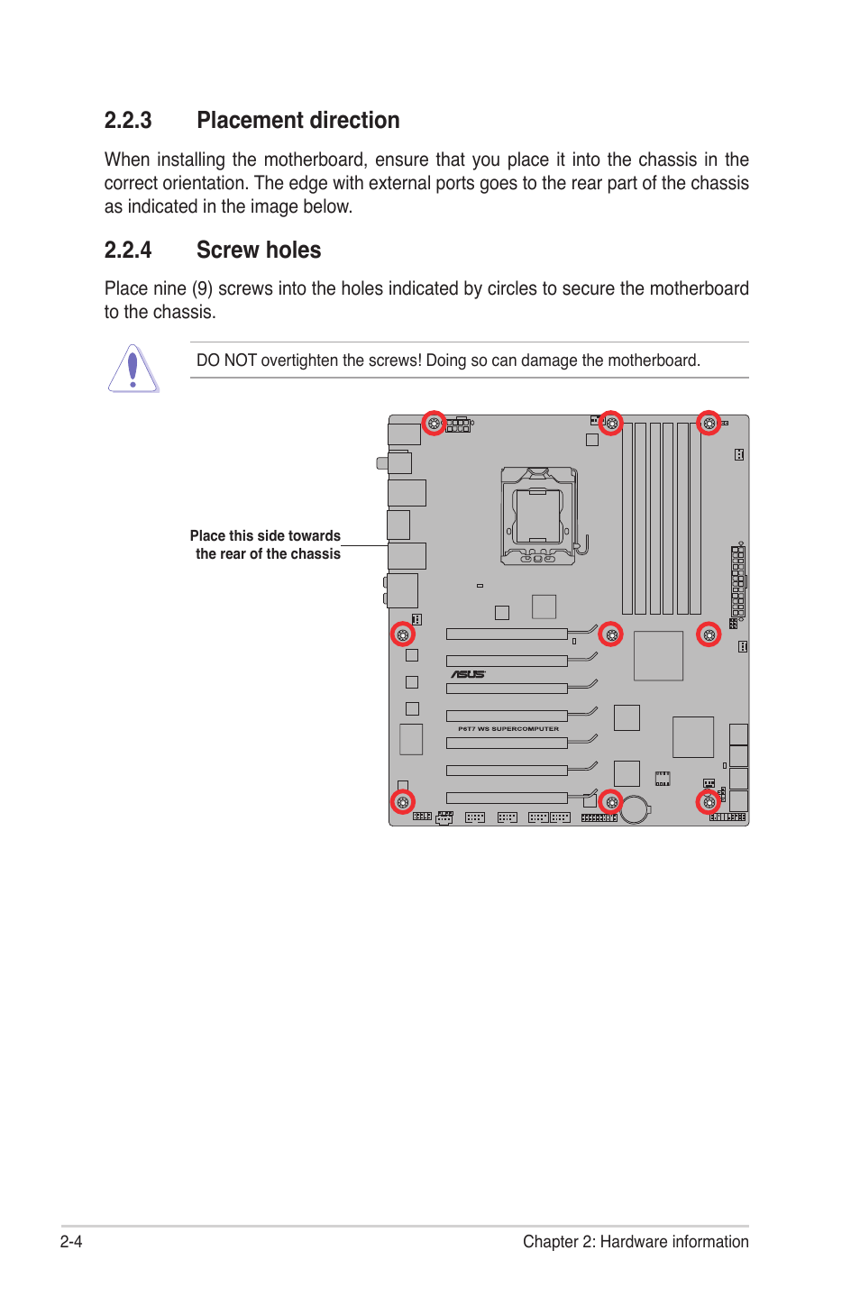 3 placement direction, 4 screw holes, Placement direction -4 | Screw holes -4 | Asus P6T7 WS SuperComputer User Manual | Page 30 / 184