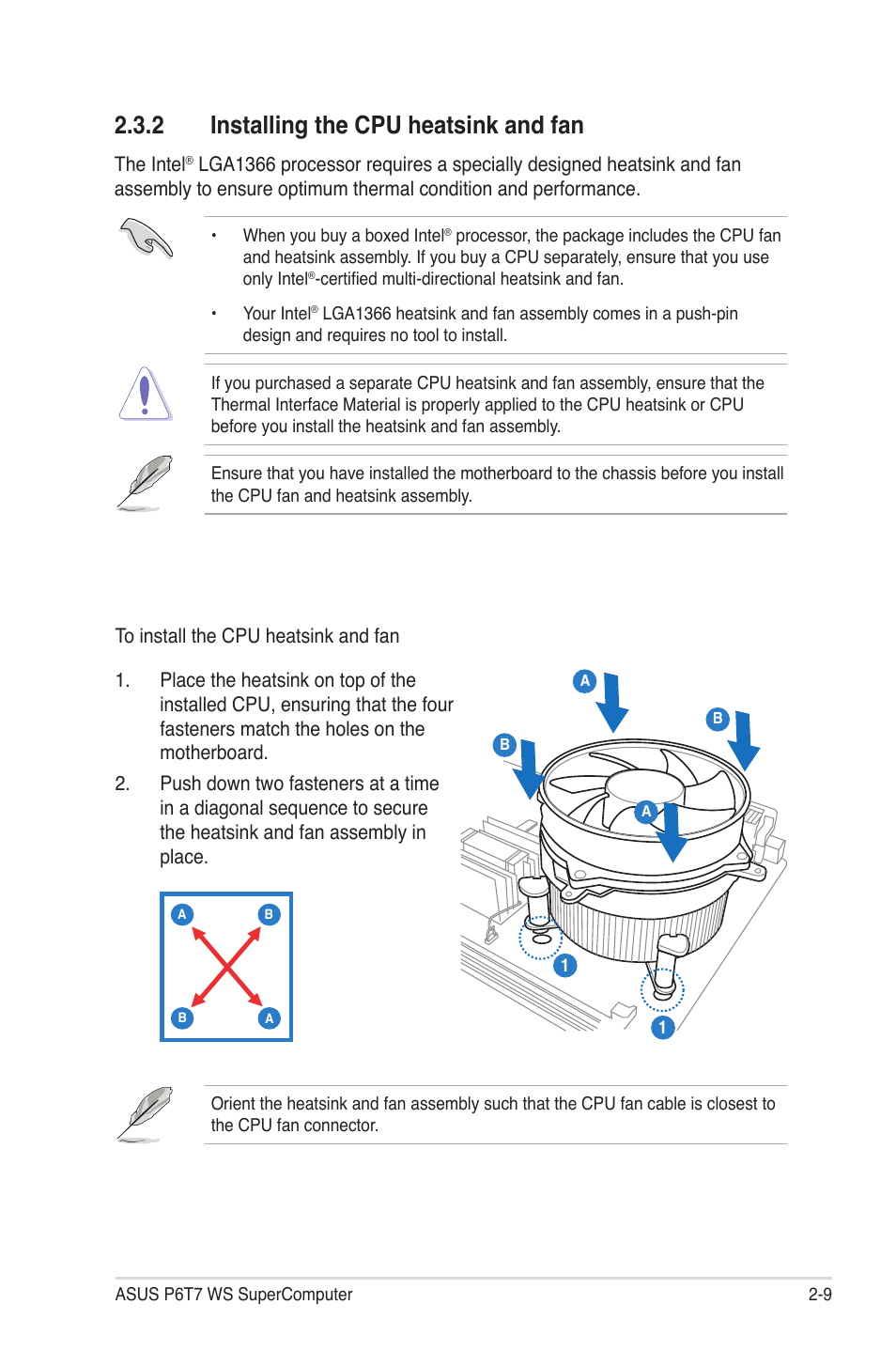 2 installing the cpu heatsink and fan, Installing the cpu heatsink and fan -9 | Asus P6T7 WS SuperComputer User Manual | Page 35 / 184