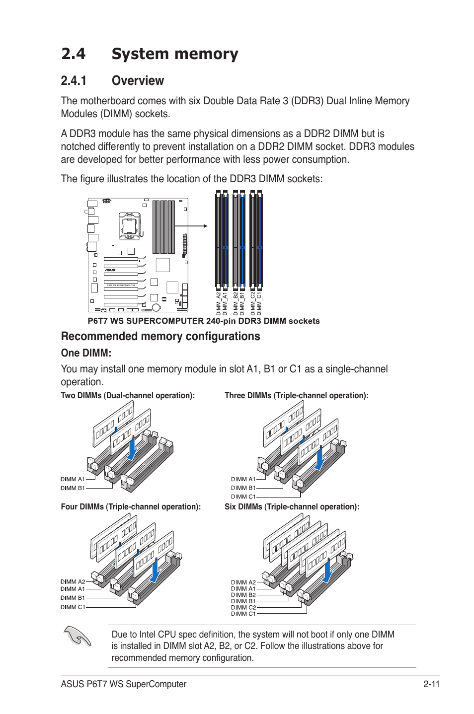 4 system memory, 1 overview, System memory -11 2.4.1 | Overview -11 | Asus P6T7 WS SuperComputer User Manual | Page 37 / 184