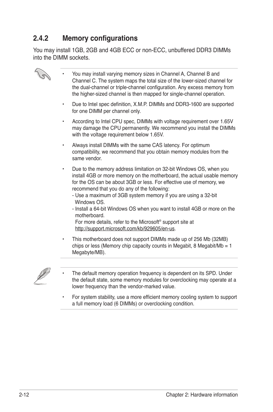 2 memory configurations, Memory configurations -12 | Asus P6T7 WS SuperComputer User Manual | Page 38 / 184