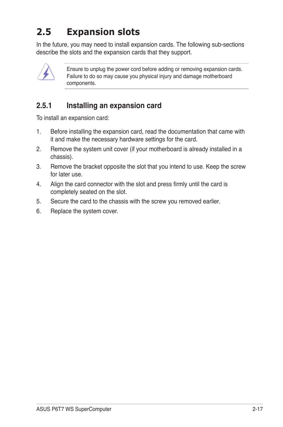 5 expansion slots, 1 installing an expansion card, Expansion slots -17 2.5.1 | Installing an expansion card -17 | Asus P6T7 WS SuperComputer User Manual | Page 43 / 184