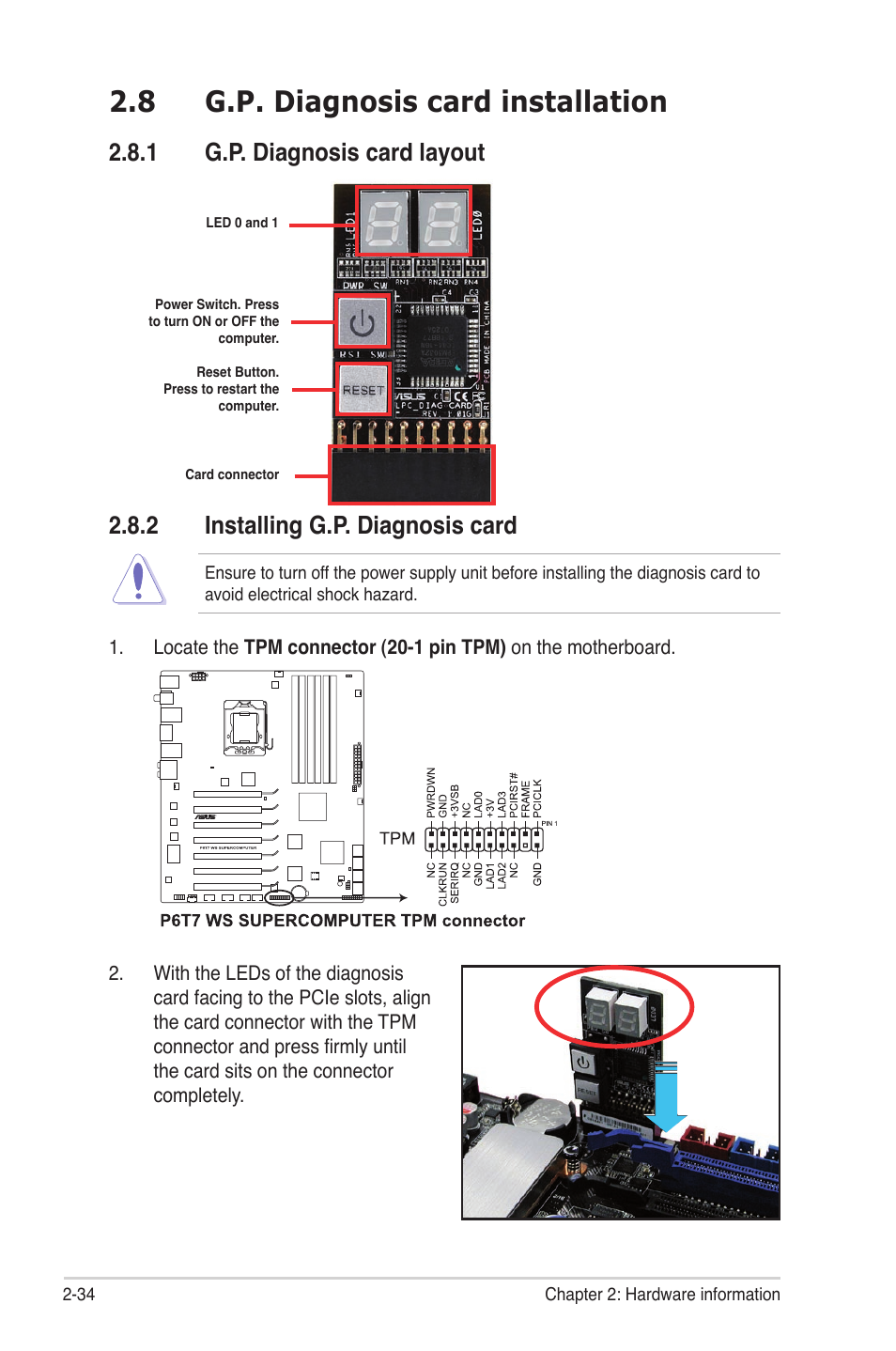 8 g.p. diagnosis card installation, 1 g.p. diagnosis card layout, 2 installing g.p. diagnosis card | G.p. diagnosis card installation -34 2.8.1, G.p. diagnosis card layout -34, Installing g.p. diagnosis card -34 | Asus P6T7 WS SuperComputer User Manual | Page 60 / 184