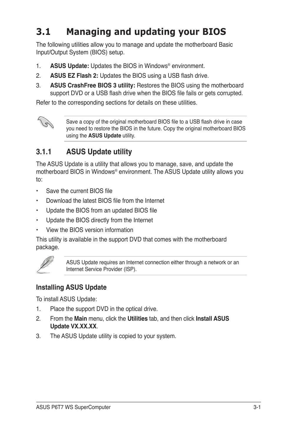 1 managing and updating your bios, 1 asus update utility, Managing and updating your bios -1 3.1.1 | Asus update utility -1 | Asus P6T7 WS SuperComputer User Manual | Page 67 / 184