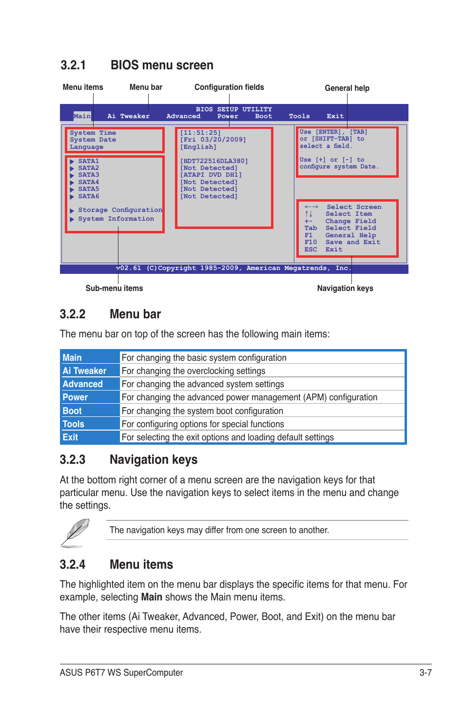 1 bios menu screen, 2 menu bar, 3 navigation keys | 4 menu items, Bios menu screen -7, Menu bar -7, Navigation keys -7, Menu items -7 | Asus P6T7 WS SuperComputer User Manual | Page 73 / 184
