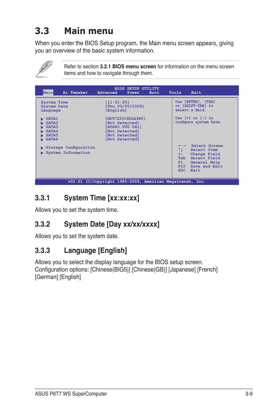 3 main menu, 1 system time [xx:xx:xx, 2 system date [day xx/xx/xxxx | 3 language [english, Main menu -9 3.3.1, System time -9, System date -9, Language -9, Allows you to set the system time, Allows you to set the system date | Asus P6T7 WS SuperComputer User Manual | Page 75 / 184