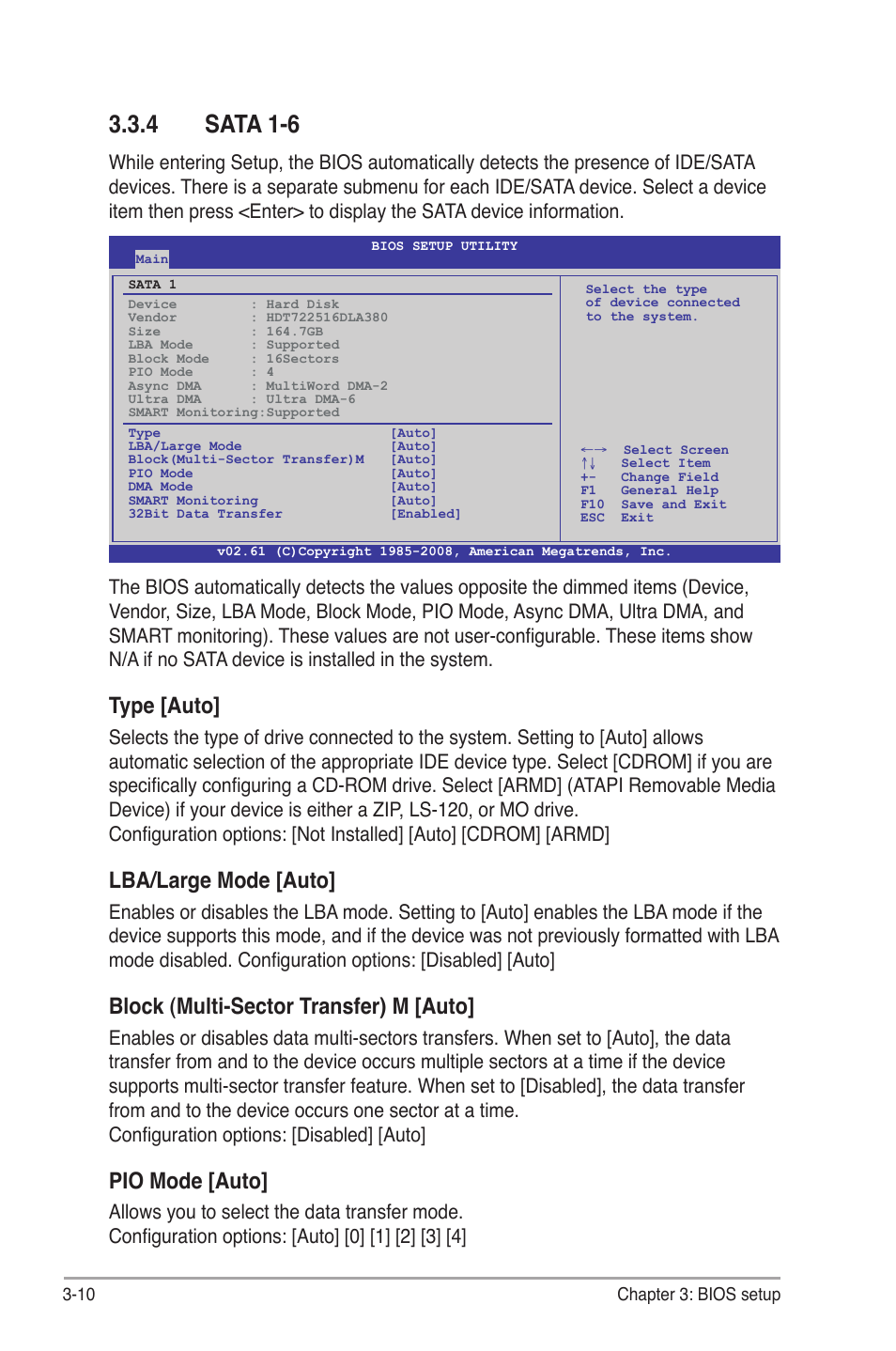 4 sata 1-6, Sata 1-6 -10, Type [auto | Lba/large mode [auto, Block (multi-sector transfer) m [auto, Pio mode [auto | Asus P6T7 WS SuperComputer User Manual | Page 76 / 184