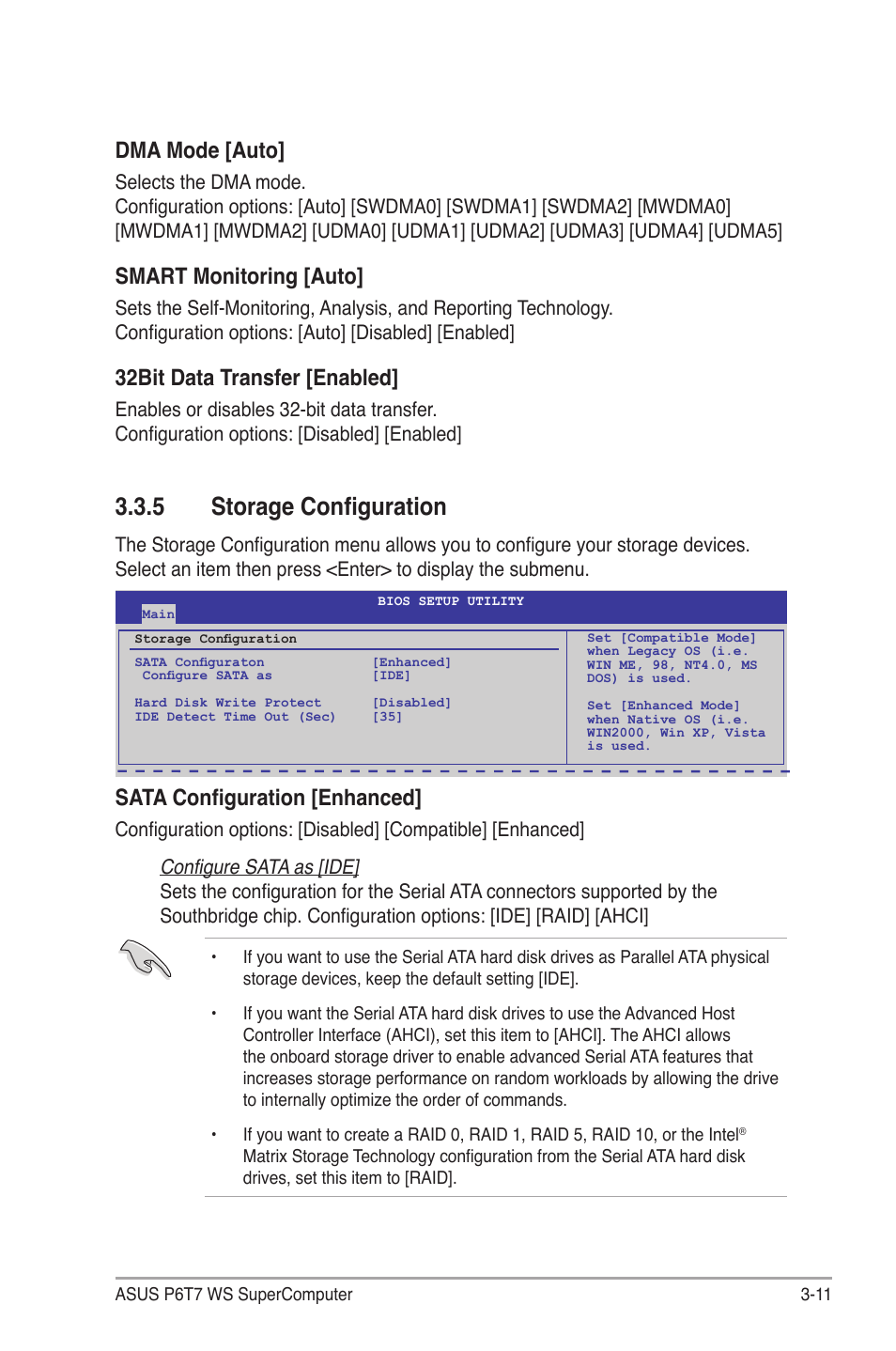 5 storage configuration, Storage configuration -11, Dma mode [auto | Smart monitoring [auto, 32bit data transfer [enabled, Sata configuration [enhanced | Asus P6T7 WS SuperComputer User Manual | Page 77 / 184
