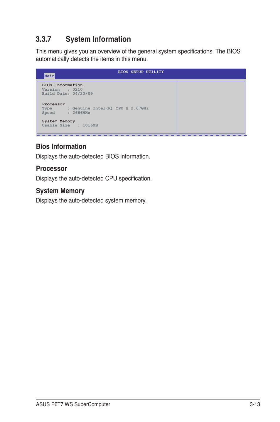 7 system information, System information -13, Bios information | Processor | Asus P6T7 WS SuperComputer User Manual | Page 79 / 184